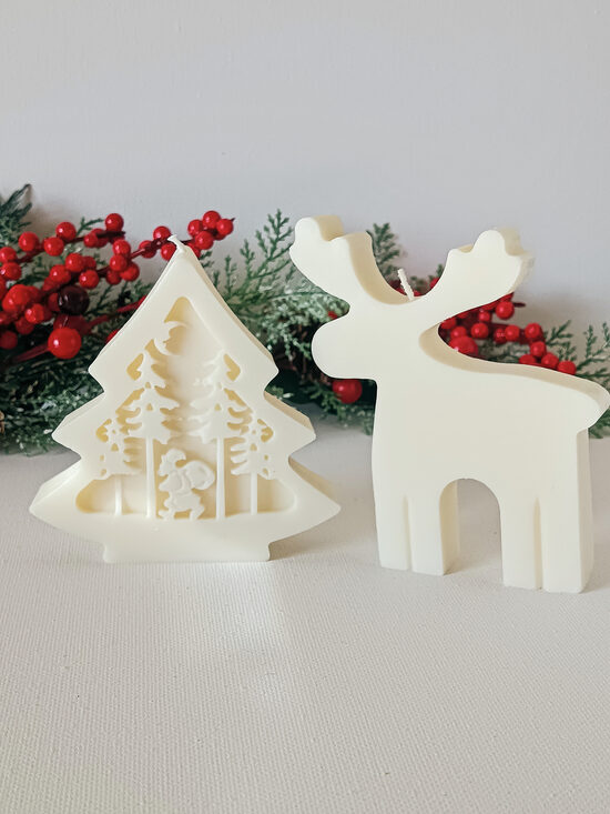 Rankų darbo sojų vaško žvakių rinkinys „Eglutė ir Elnias“ – kalėdinis dovanų rinkinys